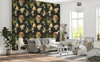 Deep charcoal wallpaper with Vintage Forest Mushroom sketch detail