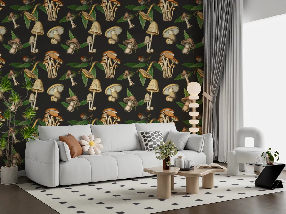 Vintage Forest Mushroom Pattern Wallpaper - Dark Woodland Print