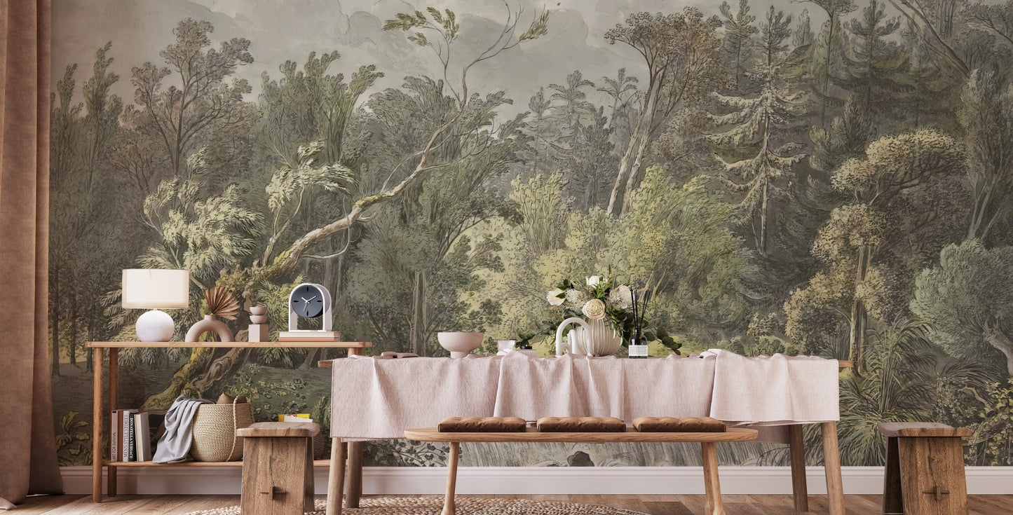 Vintage Forest Waterfall Mural Wallpaper