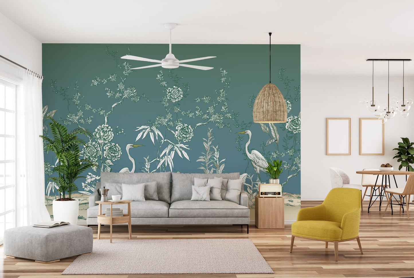 Elegant bird and blossom mural design
