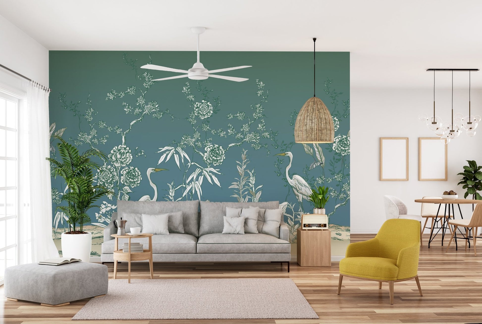 Elegant bird and blossom mural design
