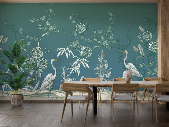 Vintage crane and floral mural wallpaper B099
