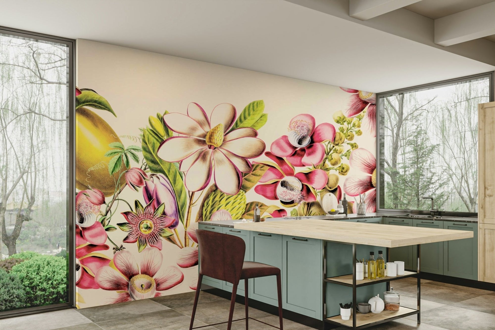 Vintage Garden Wall Mural with blooming flowers, GD1197