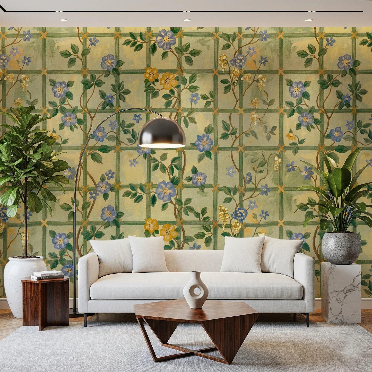 Living area with Vintage Garden English Roses Wall Mural and bright light