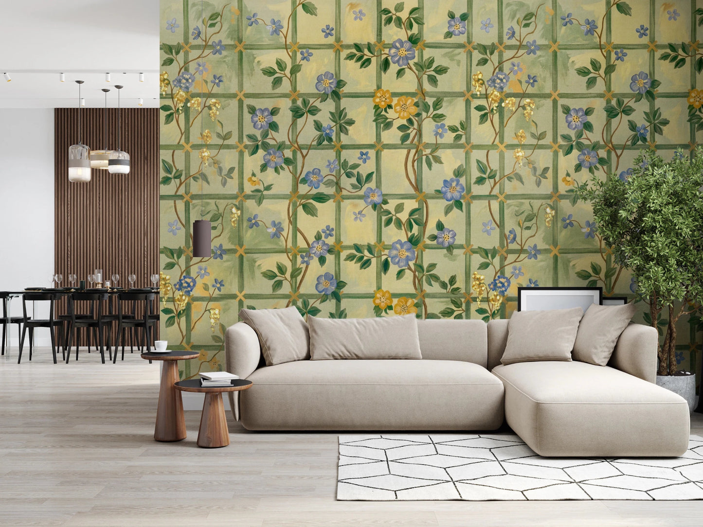 Modern living room with Vintage Garden English Roses Wall Mural backdrop