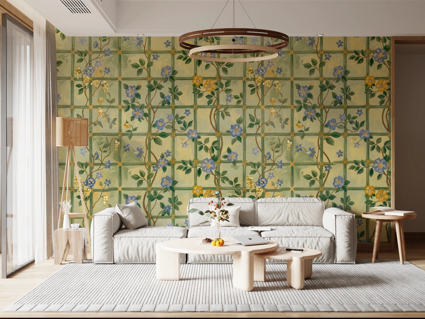 Cozy living room styled with Vintage Garden English Roses Wall Mural