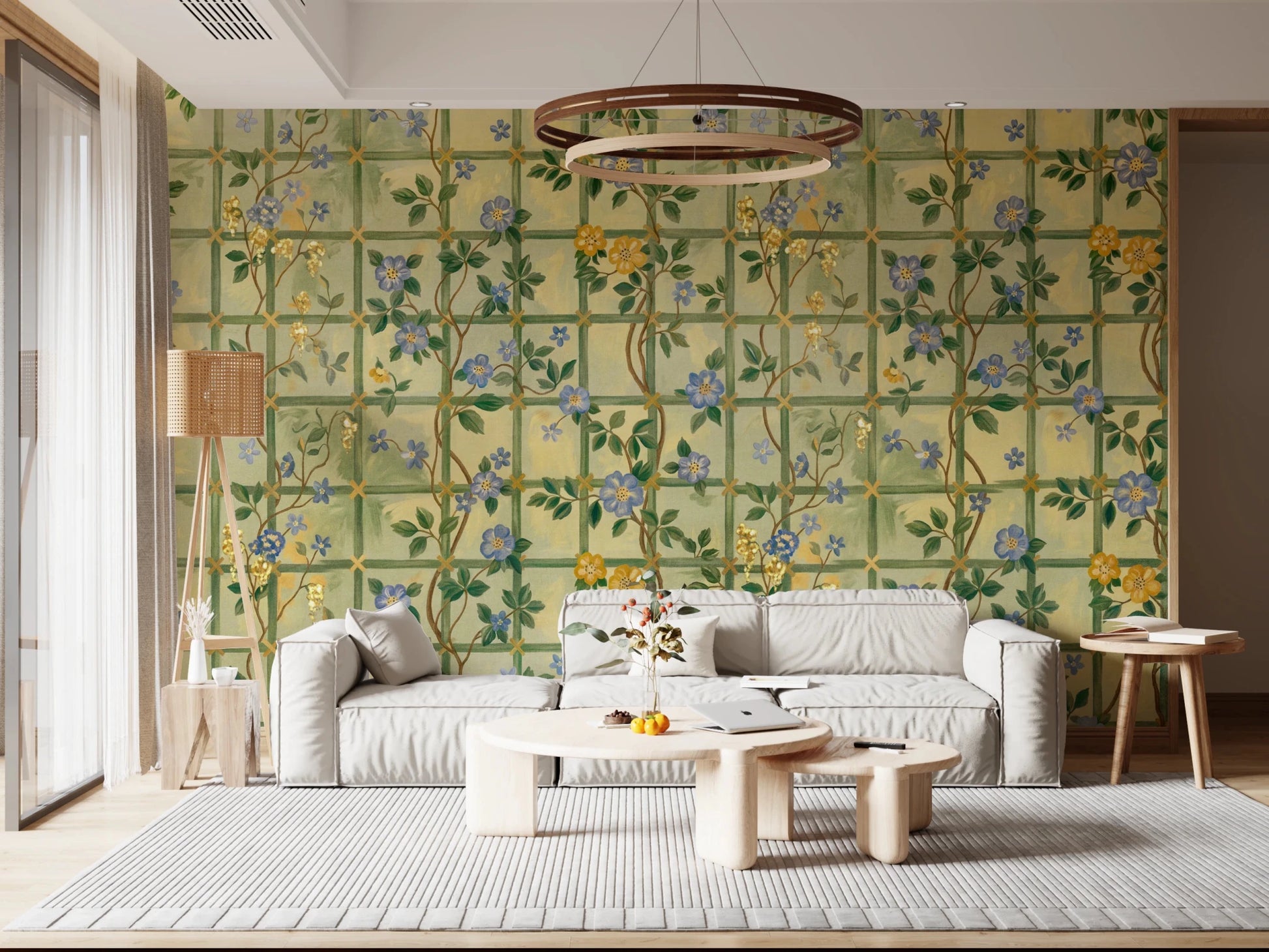 Cozy living room styled with Vintage Garden English Roses Wall Mural