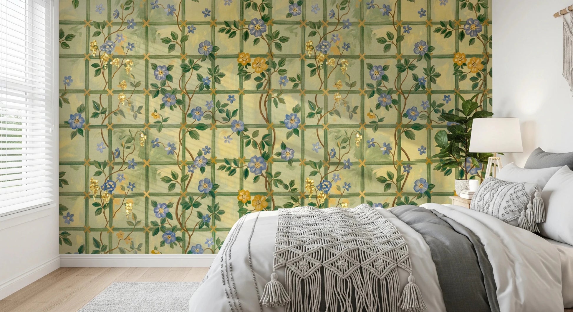 Bedroom with Vintage Garden English Roses Wall Mural behind the bed