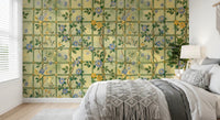 Bedroom with Vintage Garden English Roses Wall Mural behind the bed