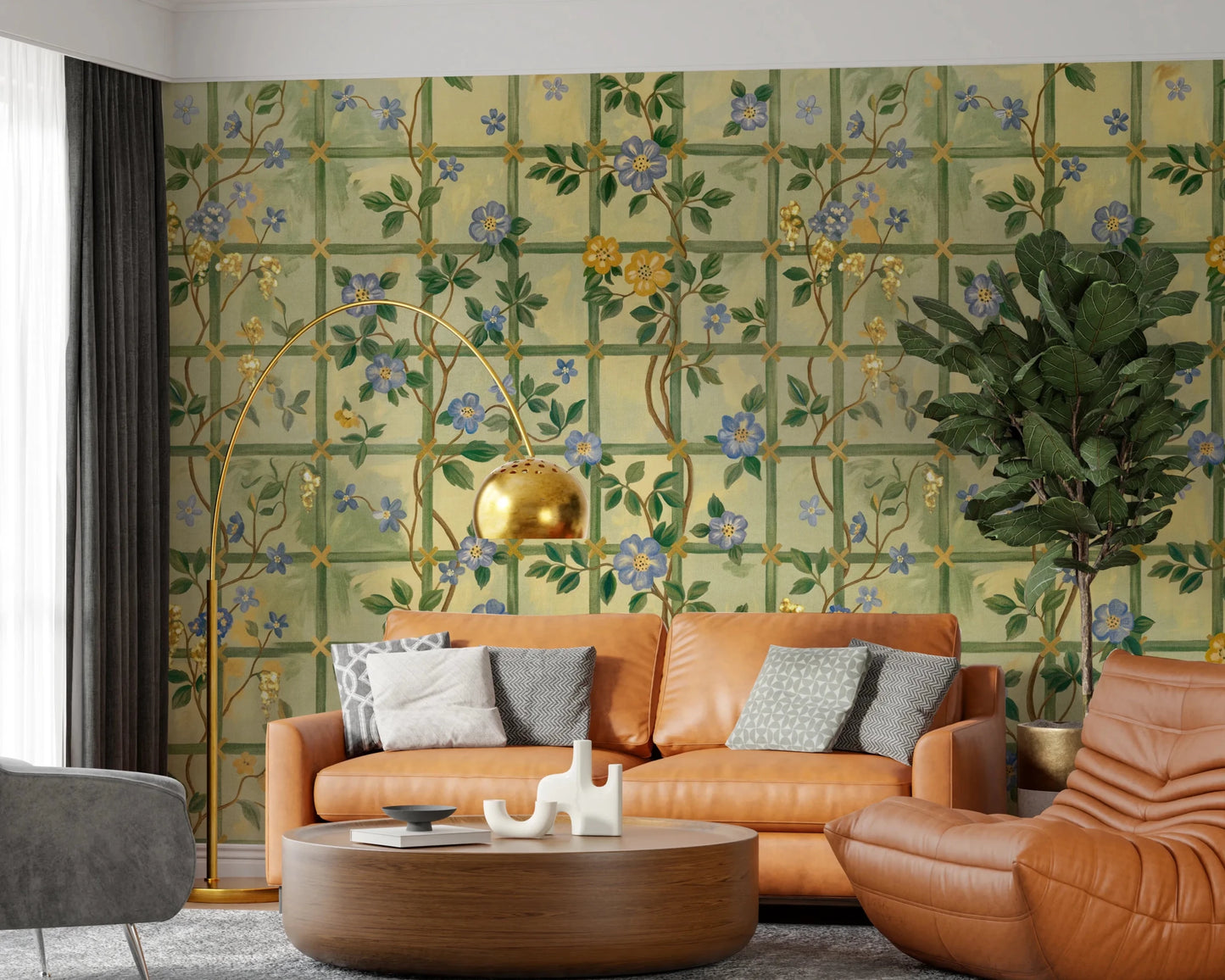 Warm lounge with Vintage Garden English Roses Wall Mural and rust seating