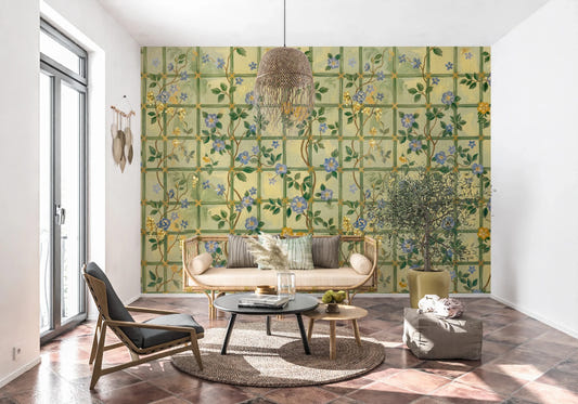 Living room with Vintage Garden English Roses Wall Mural and soft neutral decor
