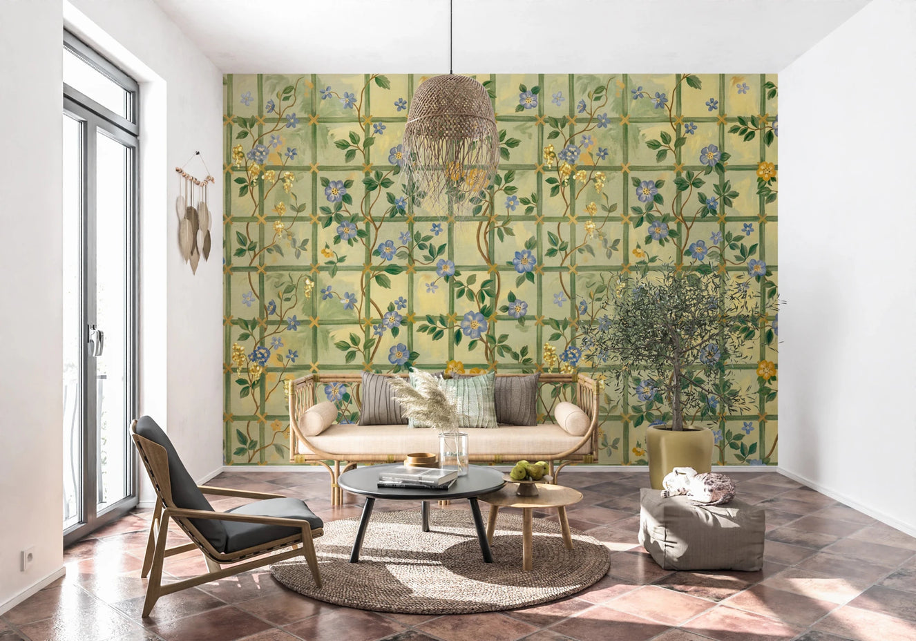 Living room with Vintage Garden English Roses Wall Mural and soft neutral decor
