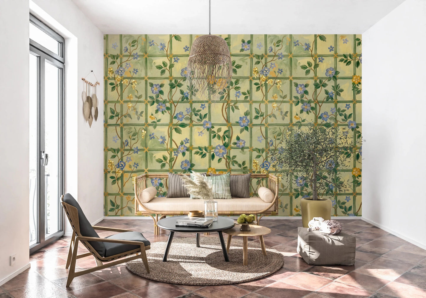 Living room with Vintage Garden English Roses Wall Mural and soft neutral decor