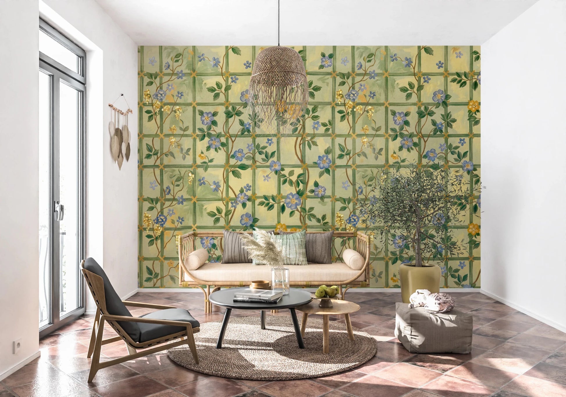 Living room with Vintage Garden English Roses Wall Mural and soft neutral decor