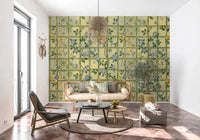 Living room with Vintage Garden English Roses Wall Mural and soft neutral decor
