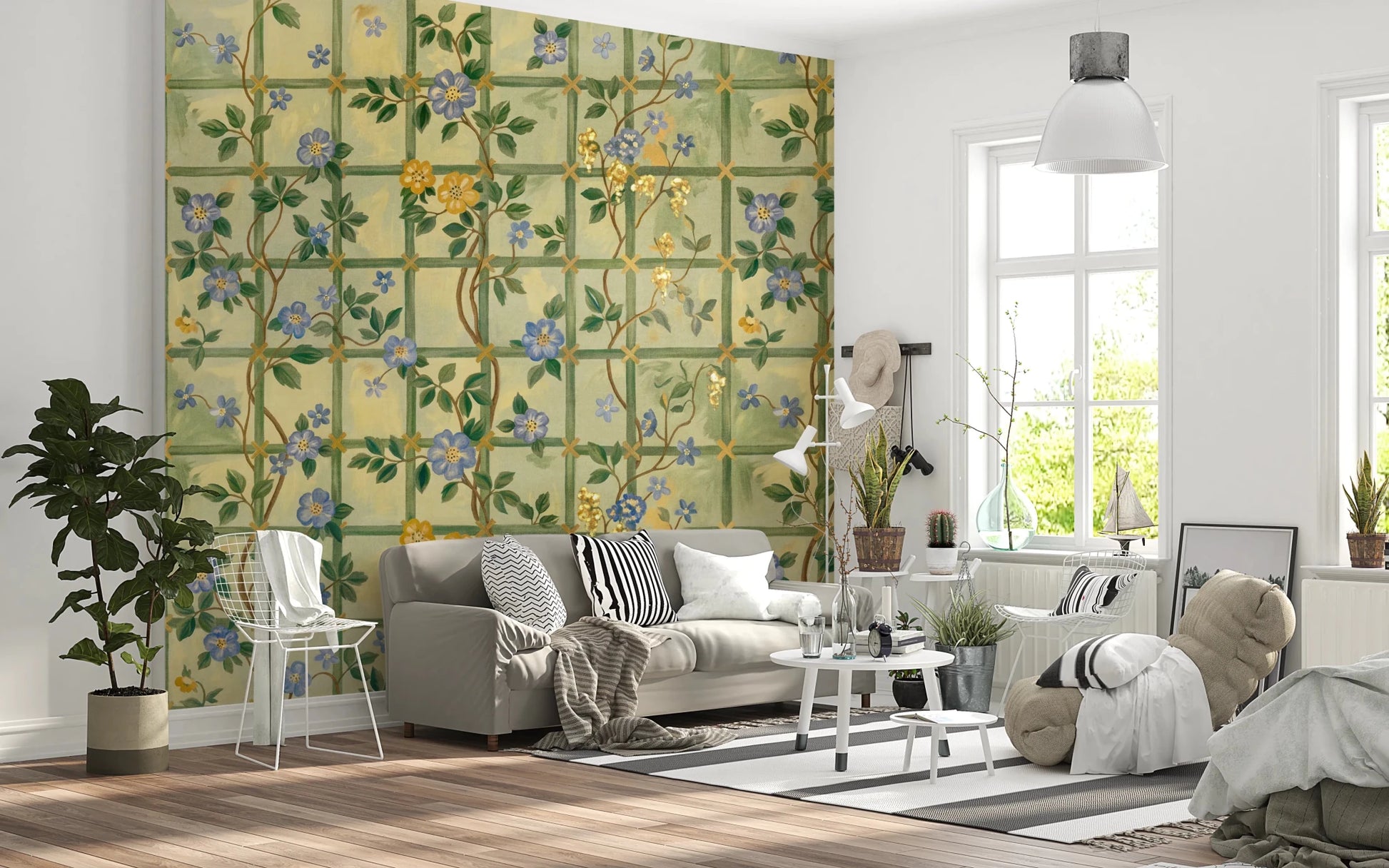Cream lounge with Vintage Garden English Roses Wall Mural feature 