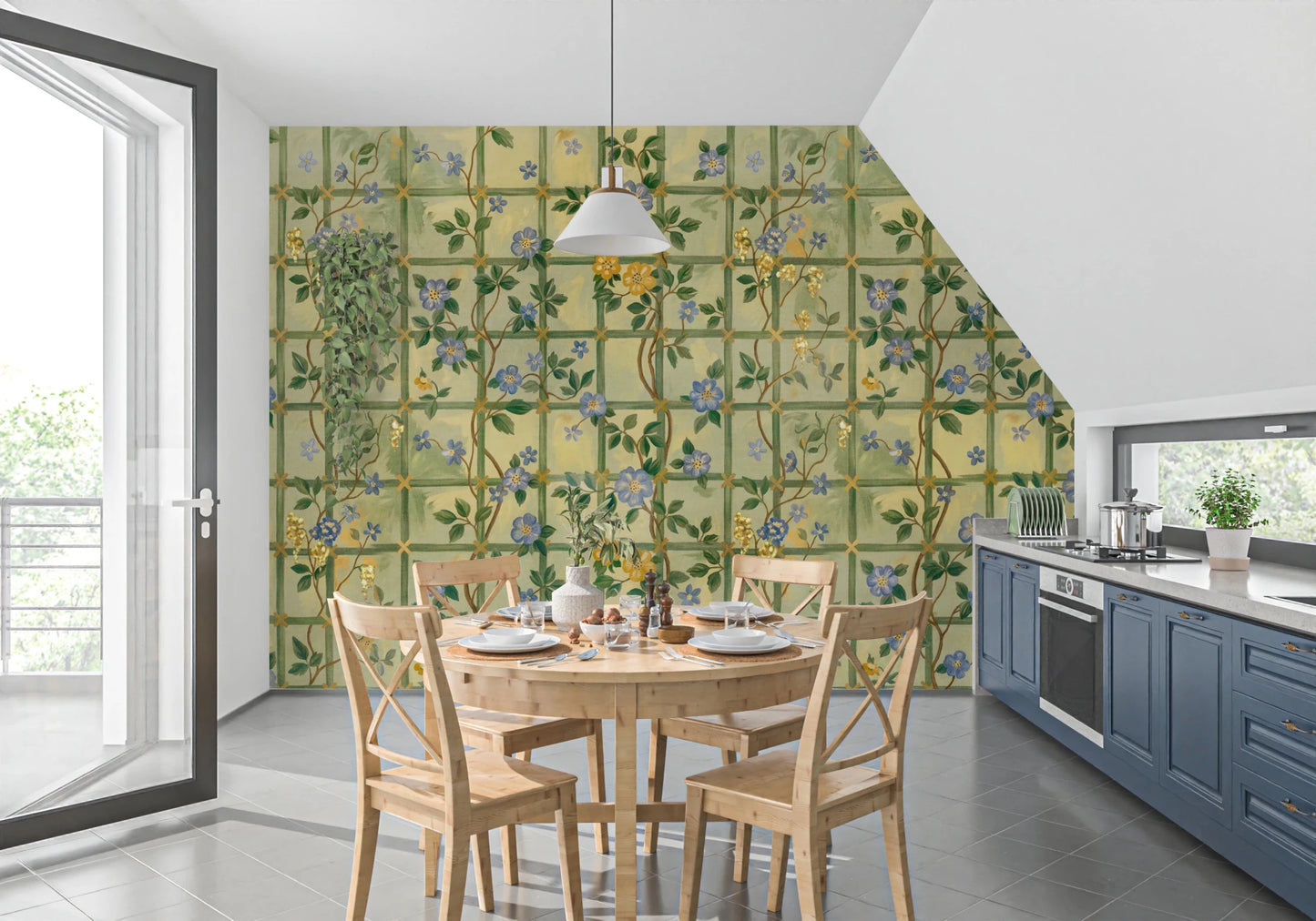 Kitchen space with Vintage Garden English Roses Wall Mural and cabinets