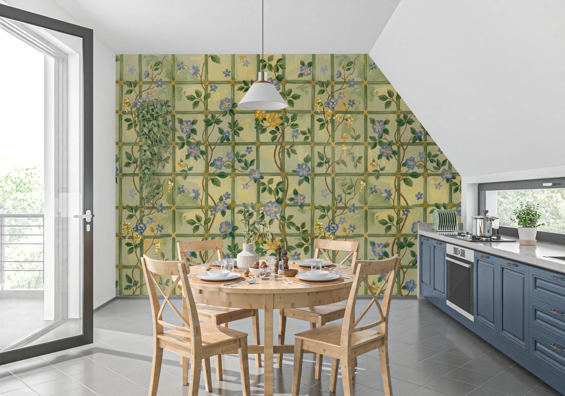 Kitchen space with Vintage Garden English Roses Wall Mural and cabinets