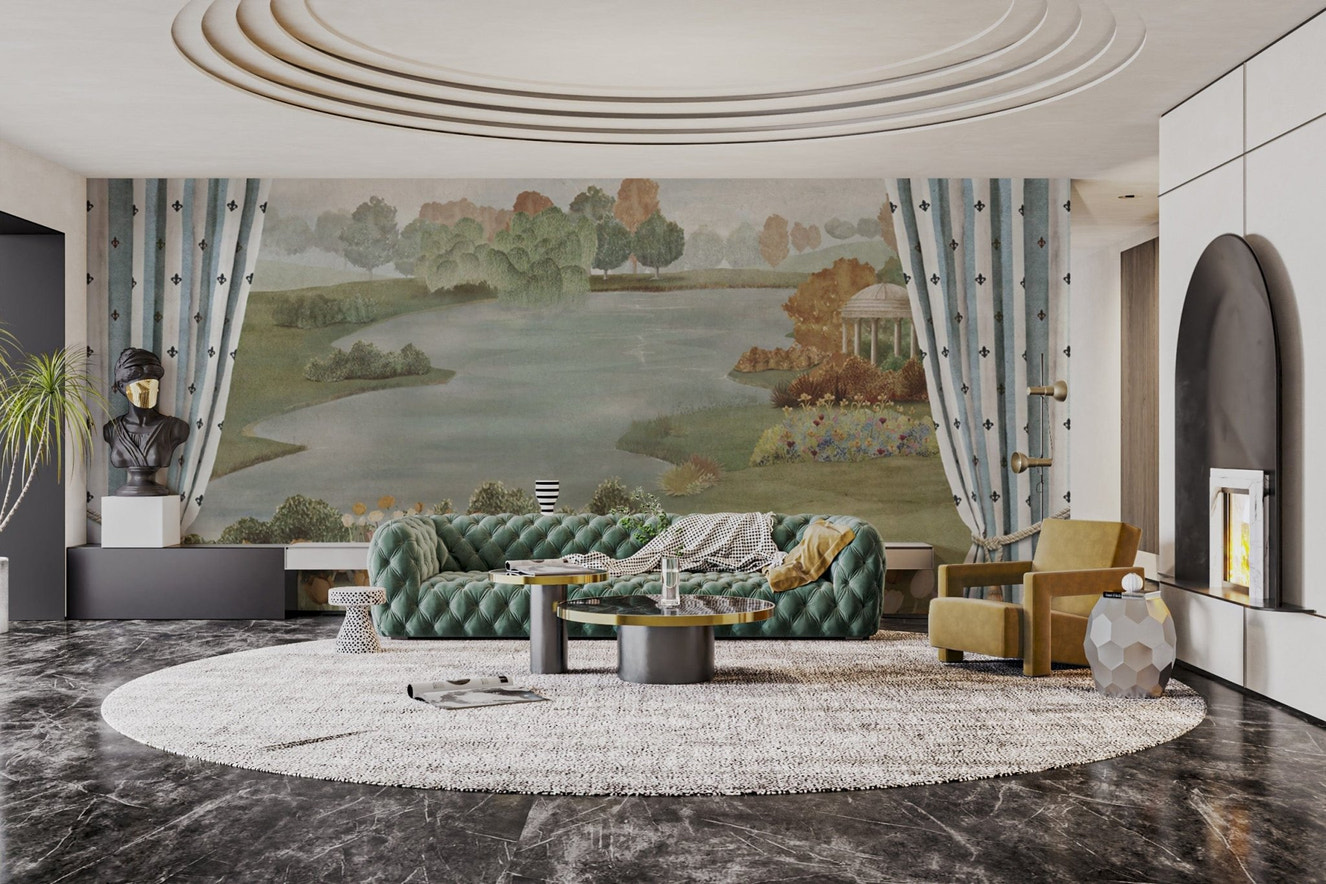 Vintage garden lake view landscape mural
