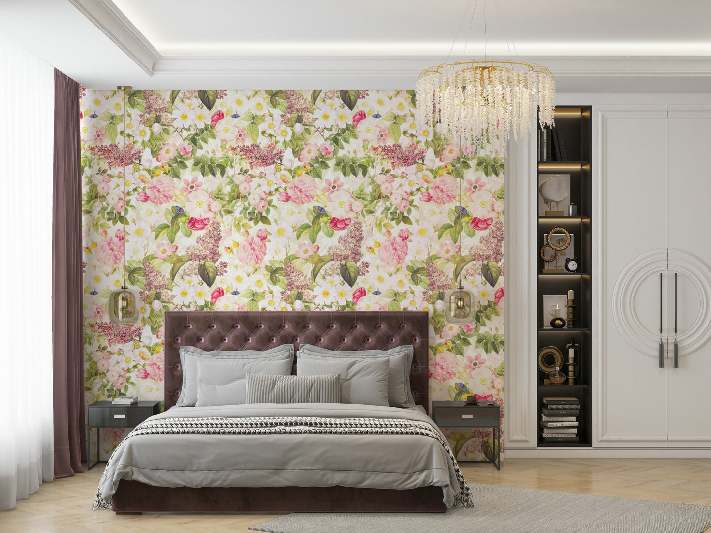 Retro garden wallpaper with lush flowers and leaves, GD1351