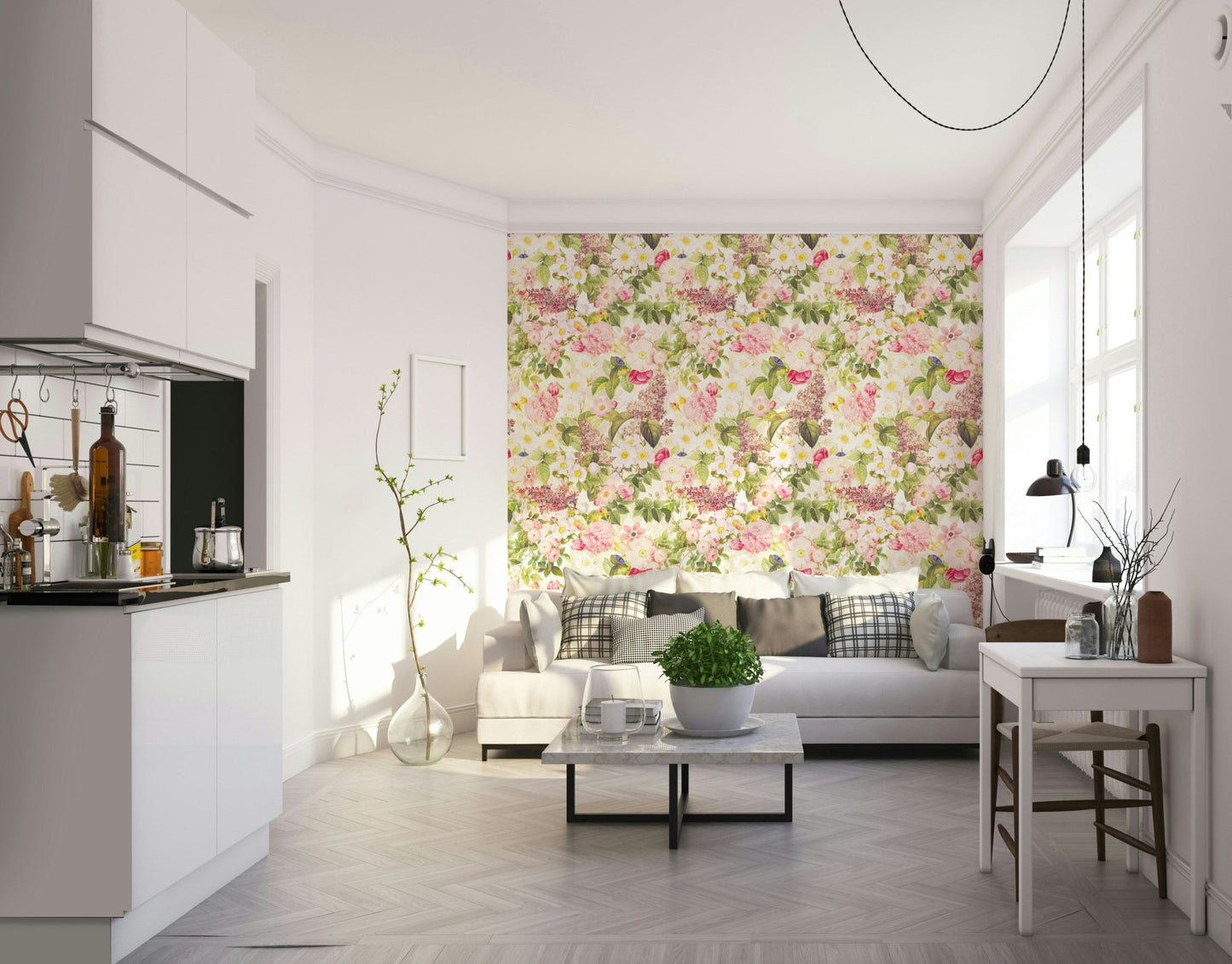 Vintage garden wallpaper with blooming roses, GD1351