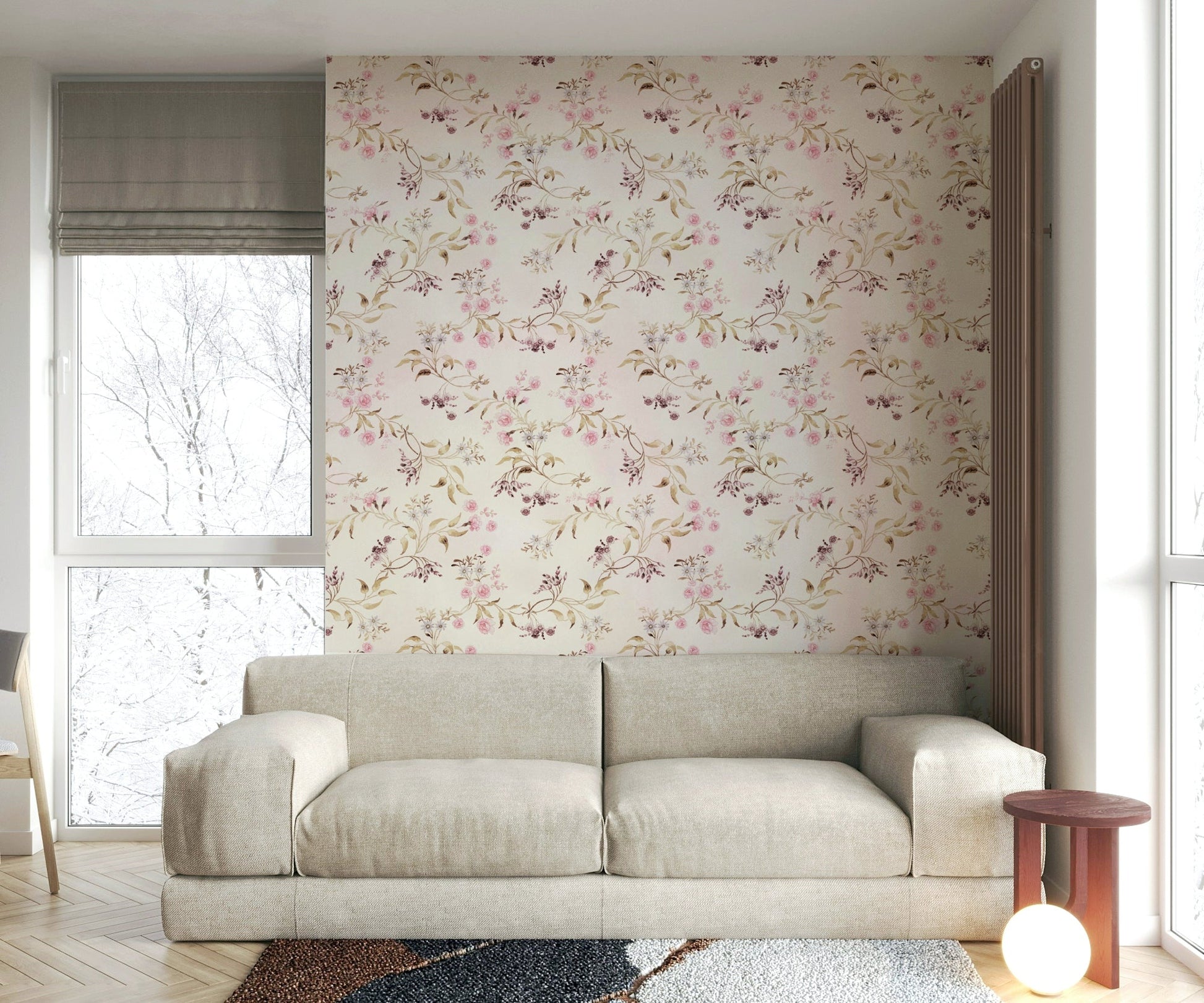 Elegant garden blooms in vintage style wallpaper.

