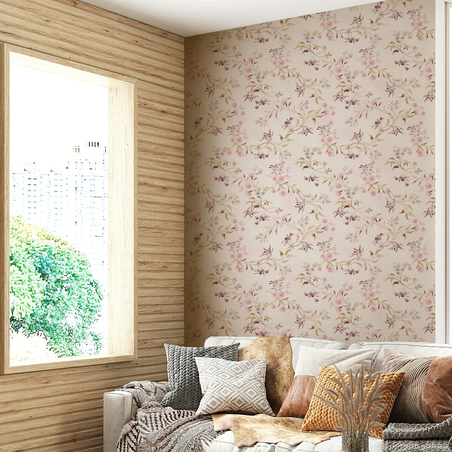 Soft pastel garden blooms on vintage-inspired wallpaper.

