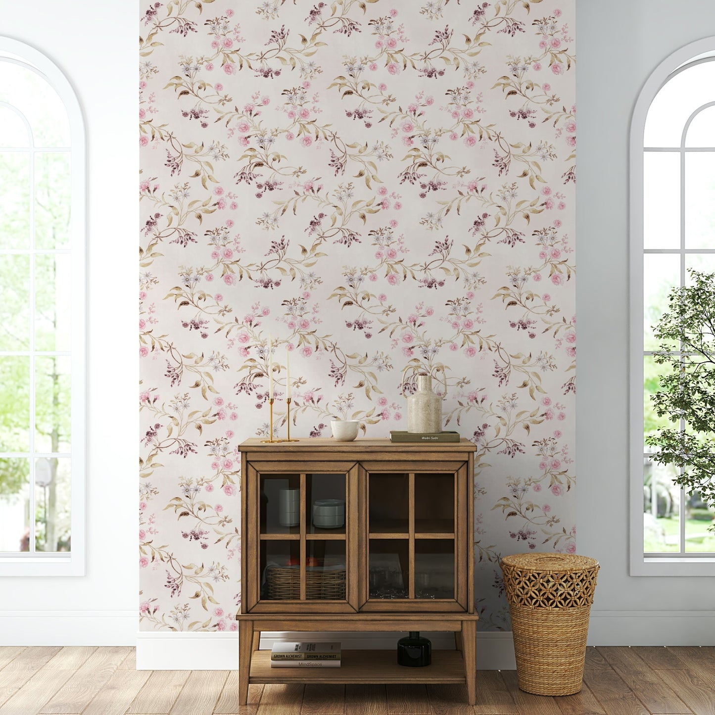 Romantic garden theme with vintage flowers on walls.

