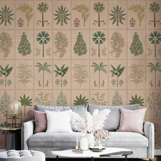 A full-wall mural showing a garden scene within a repeating tile pattern.
