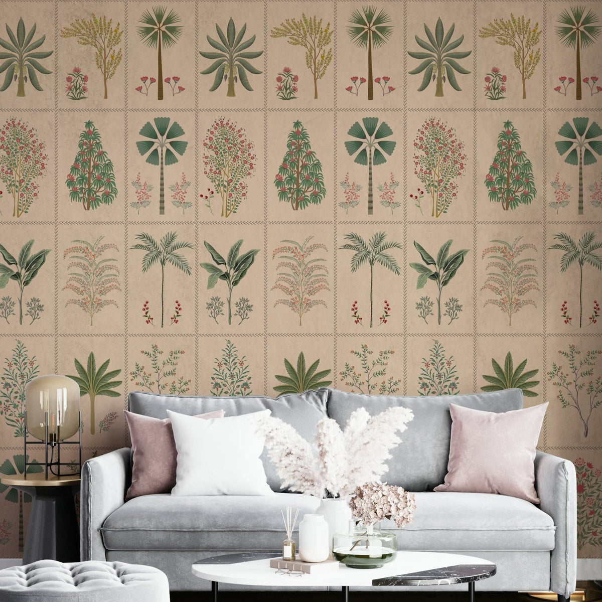 A full-wall mural showing a garden scene within a repeating tile pattern. GD4282
