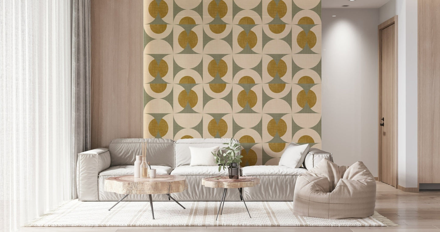 Kooky Vintage Geometric Chic Wallpaper retro circles, half-moons, linen texture.