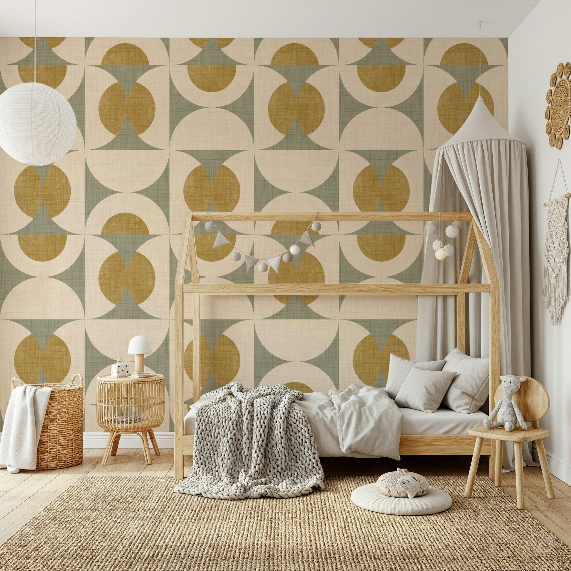 Vintage Geometric Chic Wallpaper groovy geometric arcs, ochre, sage wall mural.
