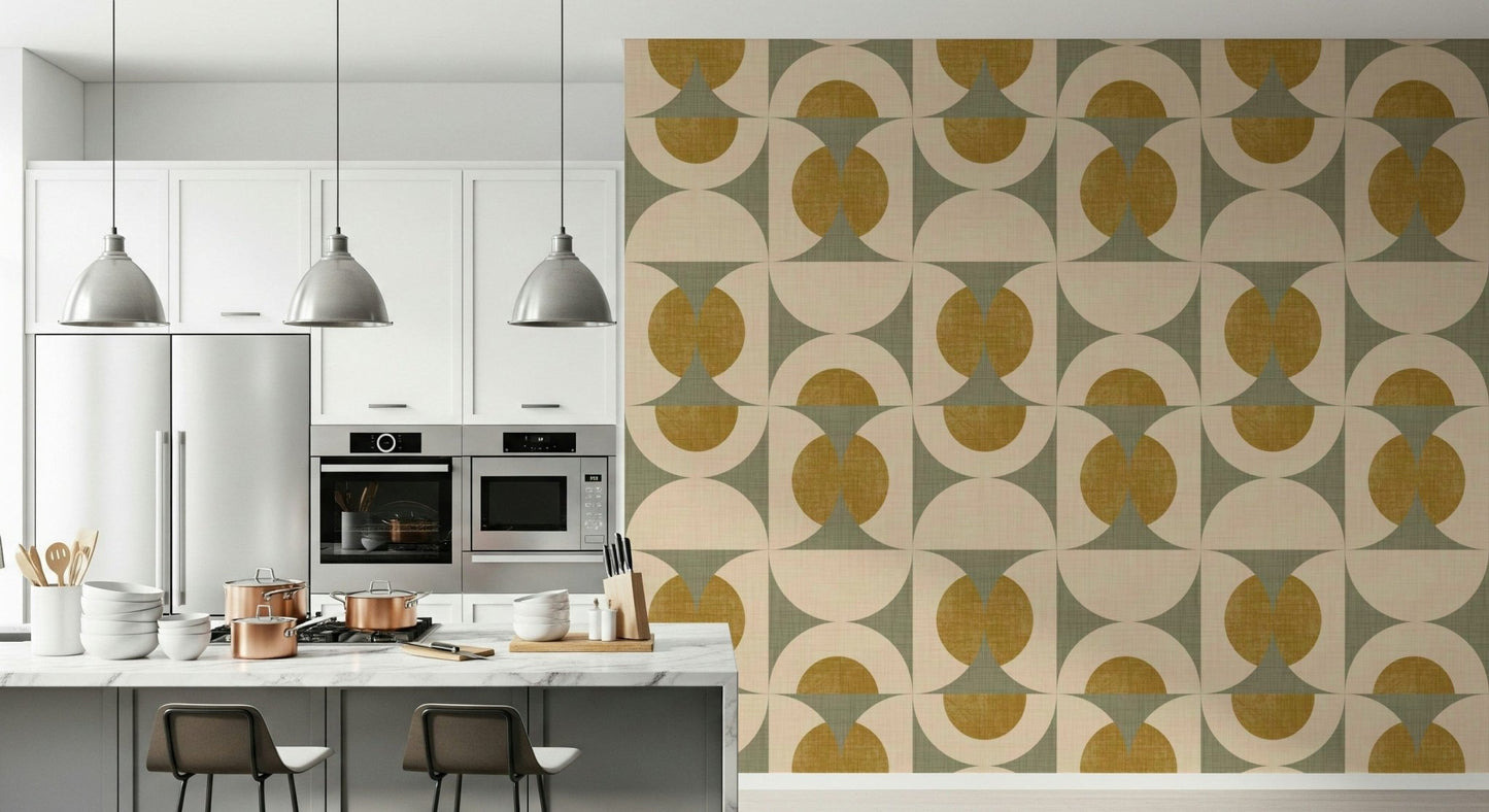 Wiggly Vintage Geometric Chic Wallpaper pattern, ochre, sage, cream wall mural.