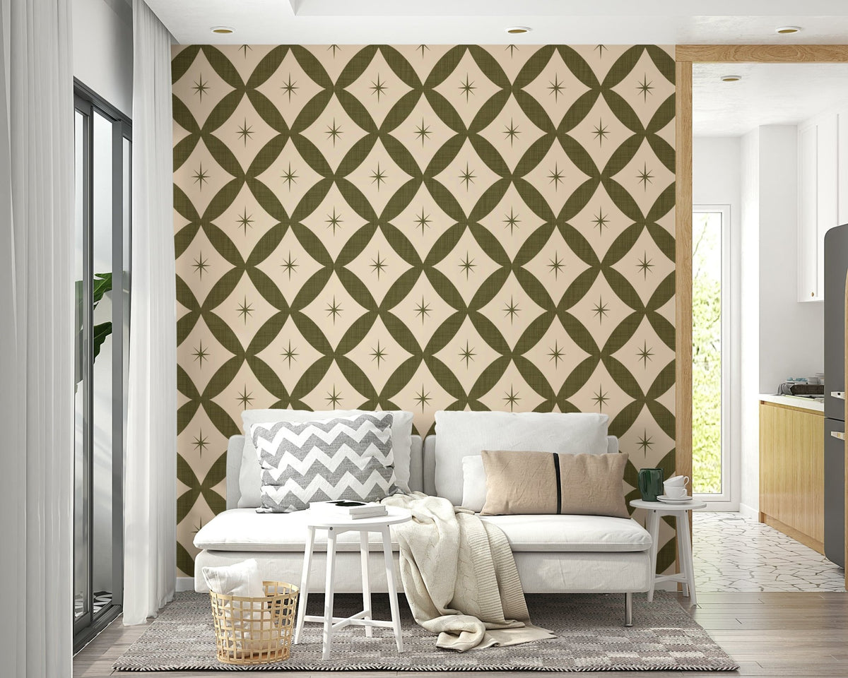 Quaint 'Vintage Geometric Stars' wallpaper, olive and beige design., GD6575