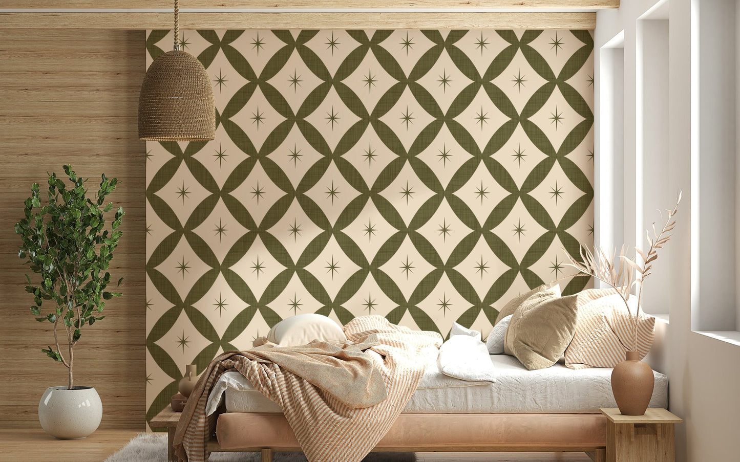 Wallpaper mural, Vintage Stars, with whimsical retro olive pattern.