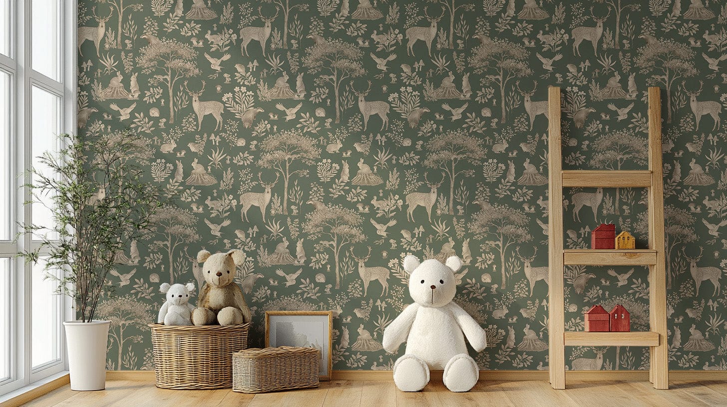 Hand-drawn wildlife wallpaper in green
