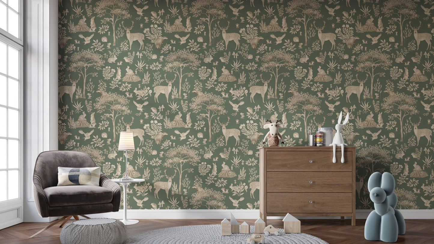 Vintage green wildlife wallpaper design
