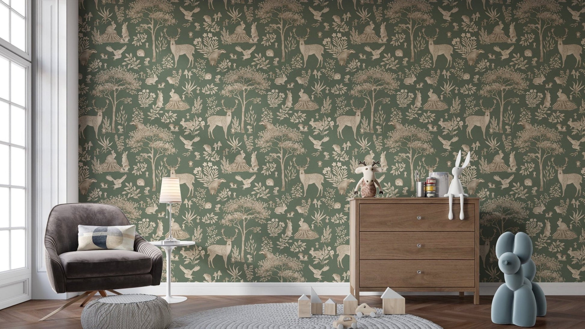 Vintage green wildlife wallpaper design
