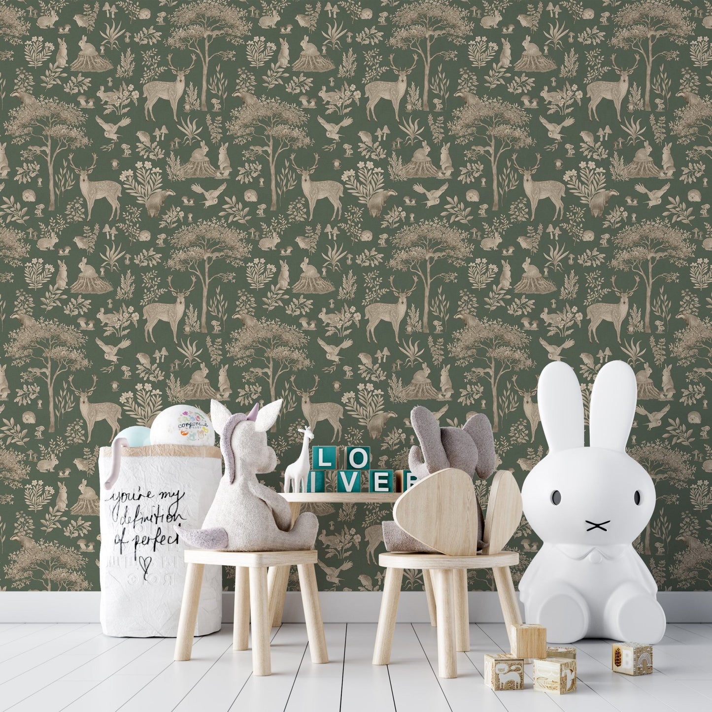 Storybook-style forest wallpaper print
