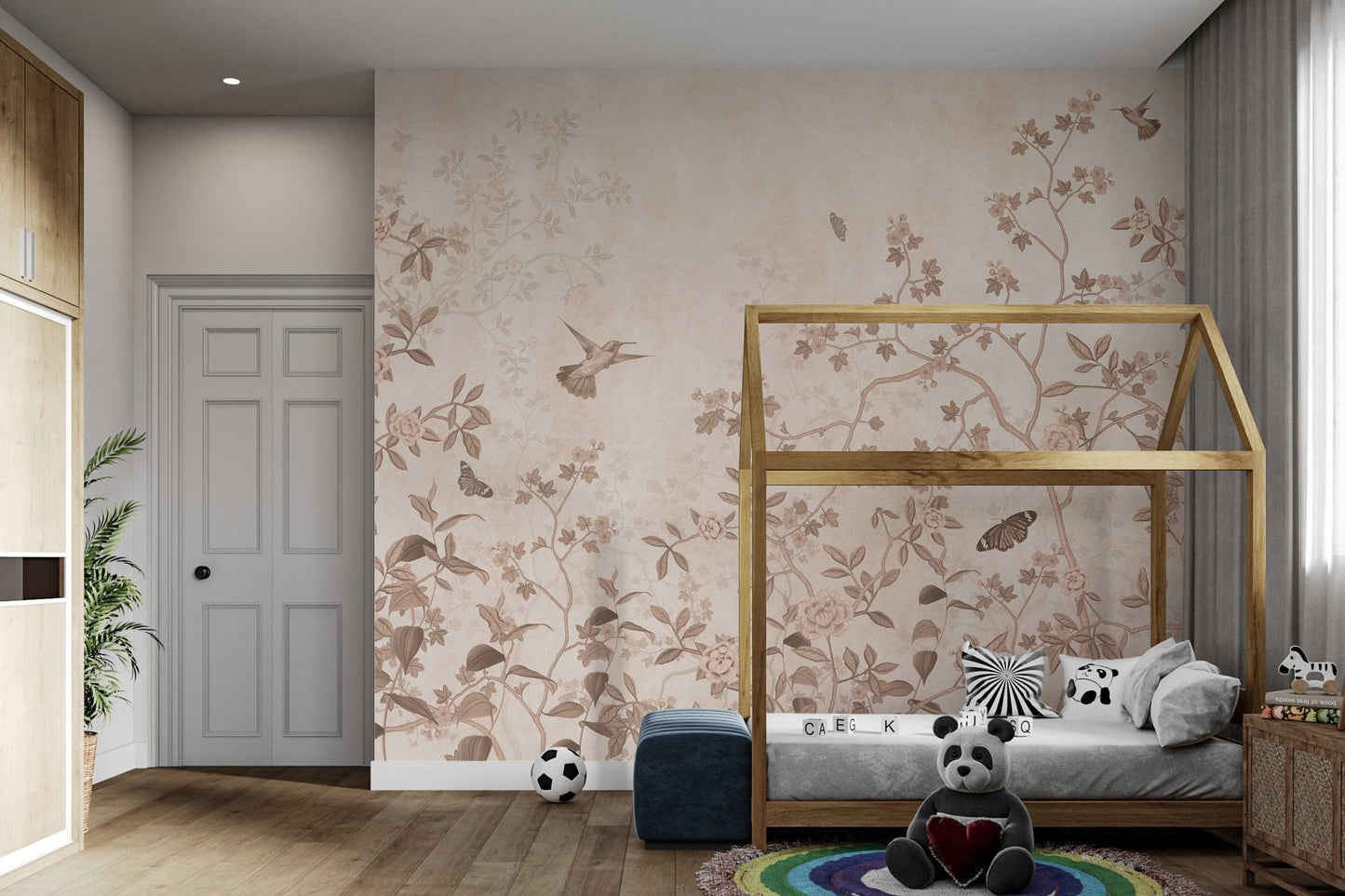 Hummingbirds flying over floral design
