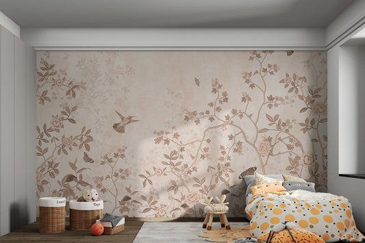 Sepia-toned hummingbird floral wallpaper

