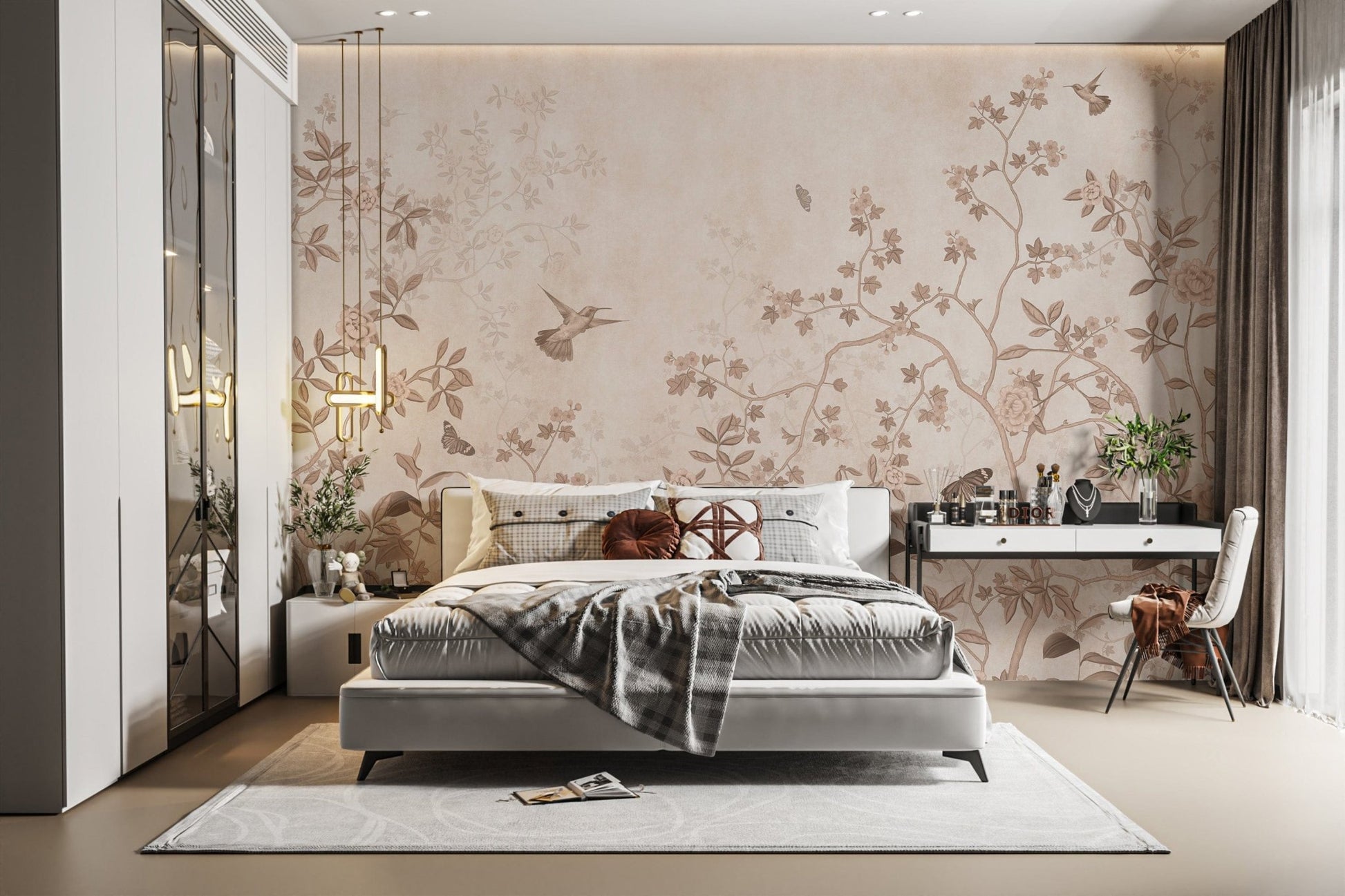Delicate floral wallpaper with birds
