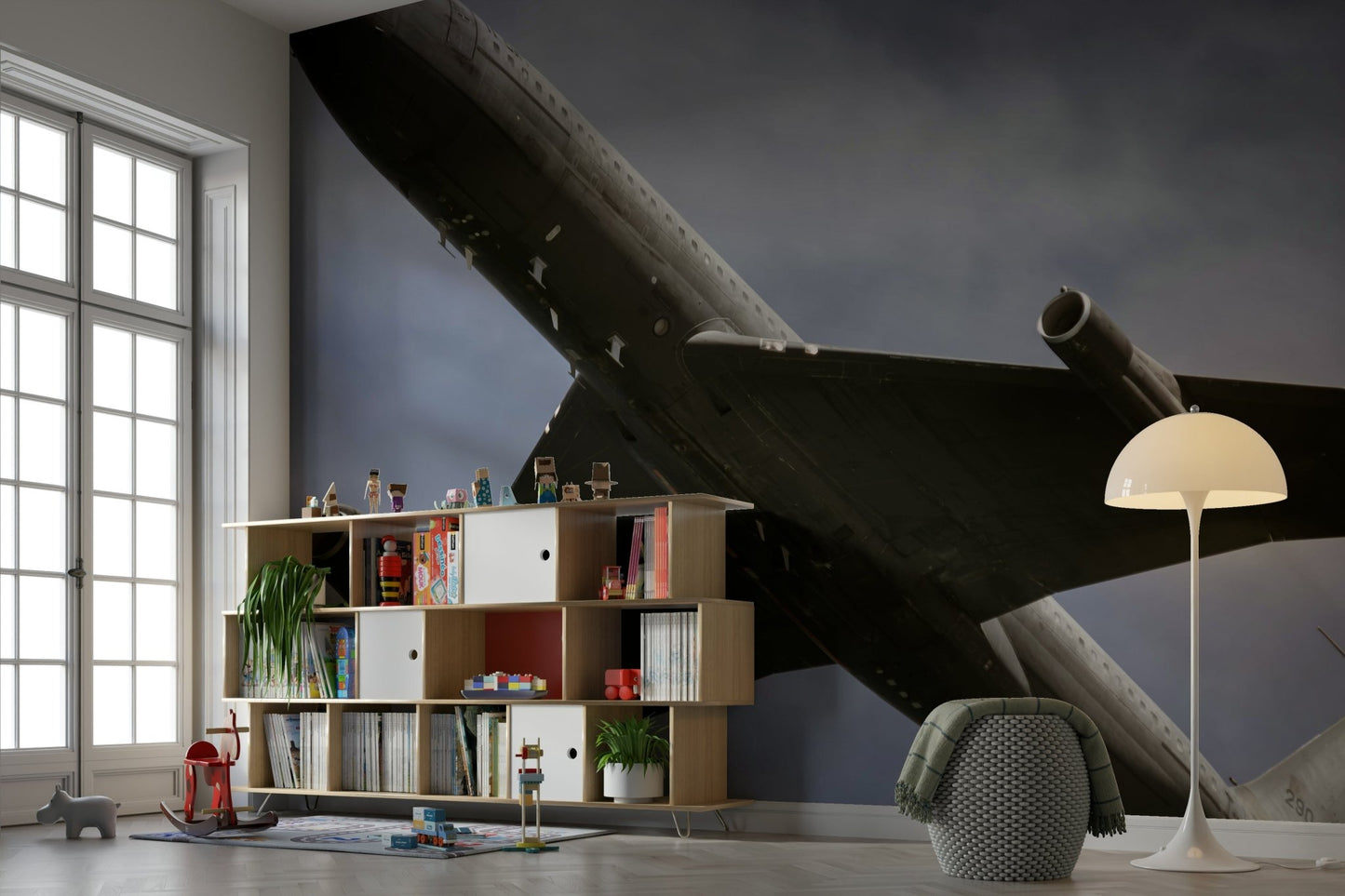 A calming vintage propeller wallpaper mural that defines a space.

