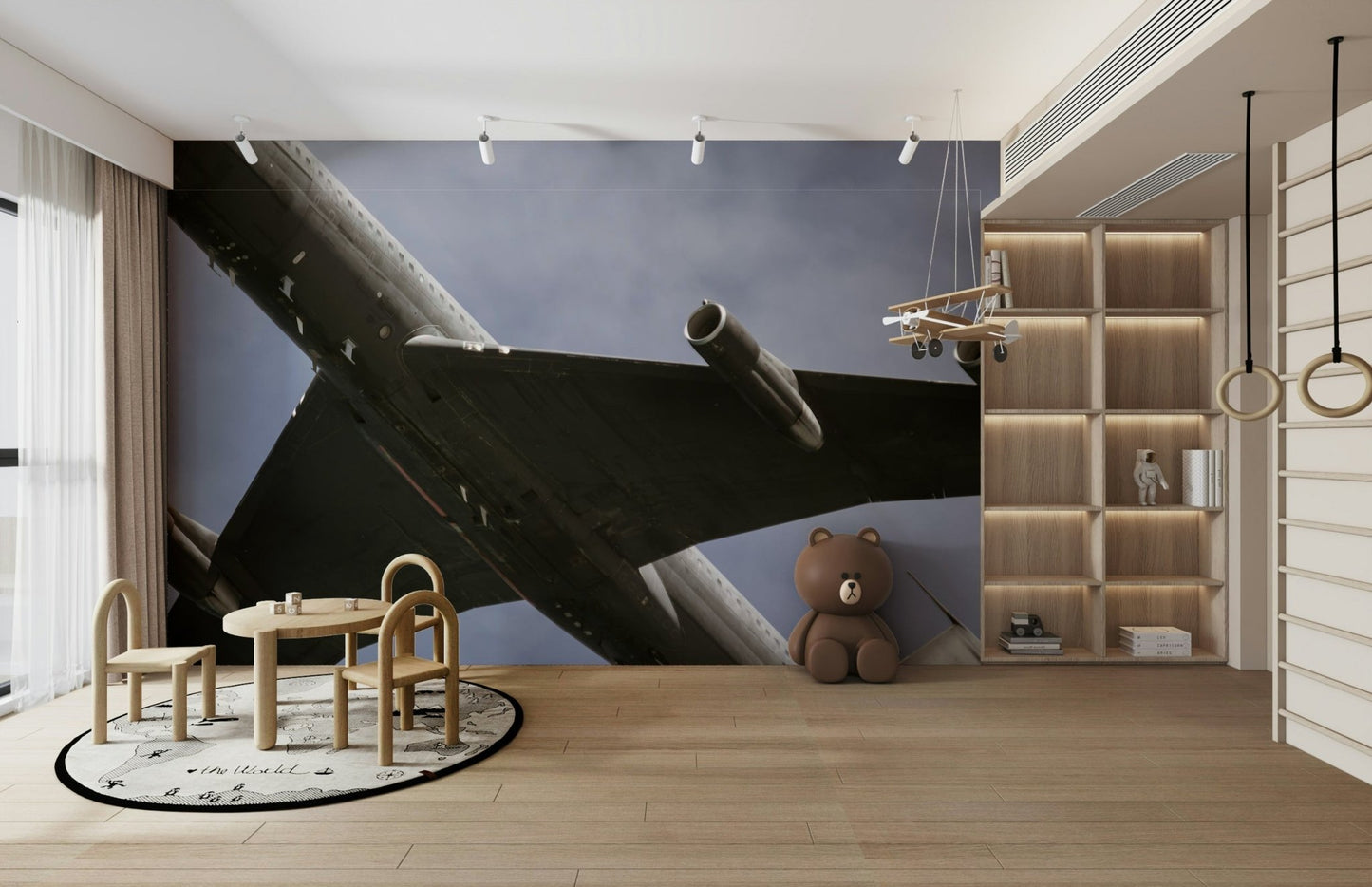 A contemplative vintage bomber wallpaper mural for a feature wall.

