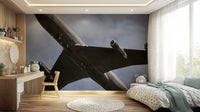 A peaceful historic air force mural on decorative wallpaper.

