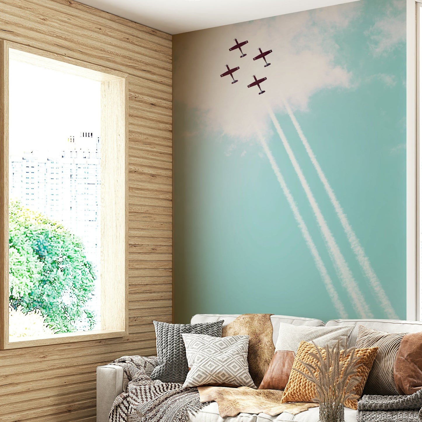 A beautiful retro aircraft wall mural for a living room.

