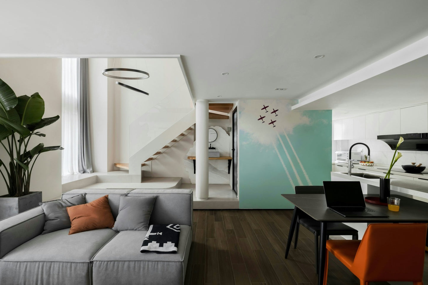 A peaceful historic air force mural on decorative wallpaper.

