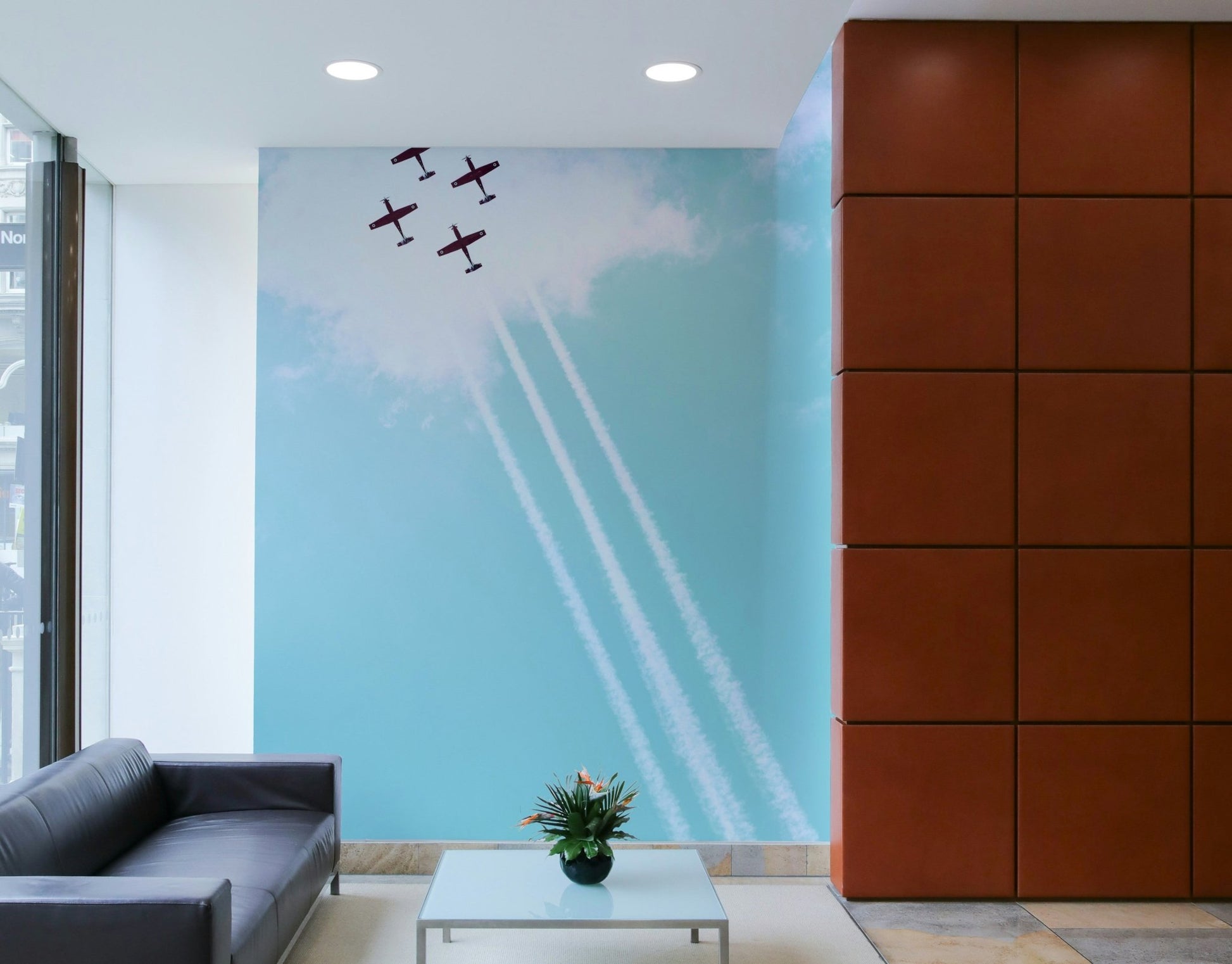 A graceful fighter jet wall mural in cool, natural tones.

