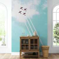 An artistic military plane mural on minimalist wallpaper.

