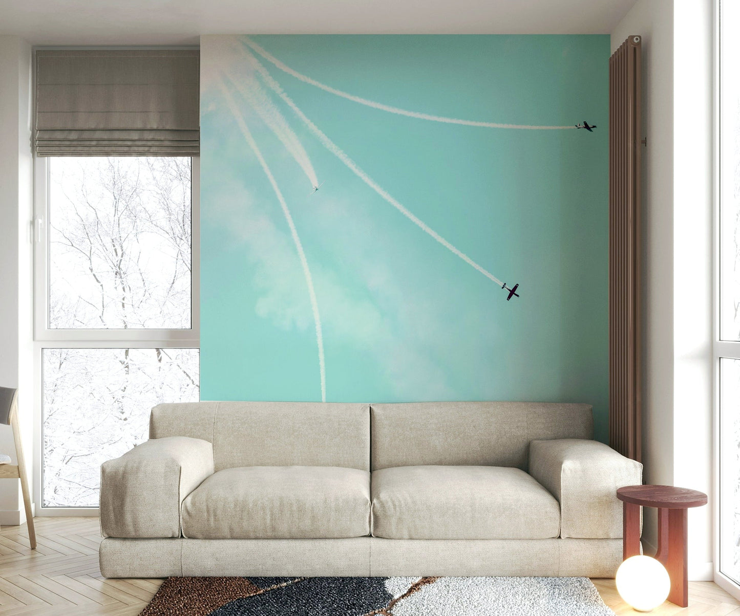 A contemplative vintage bomber wallpaper mural for a feature wall.

